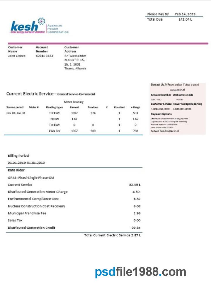 Albania Albanian Power Corporation Utility Bill